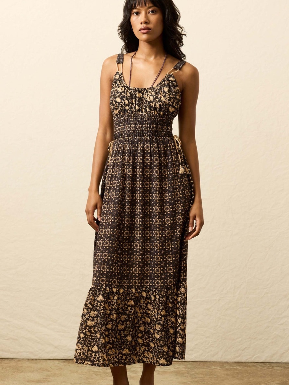 Faherty Sunbeam Maxi Smocked Dress Luna Print Boho Sz large neutral 100% cotton